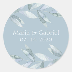 Dusty blue leaves Personalized wedding Classic Round Sticker