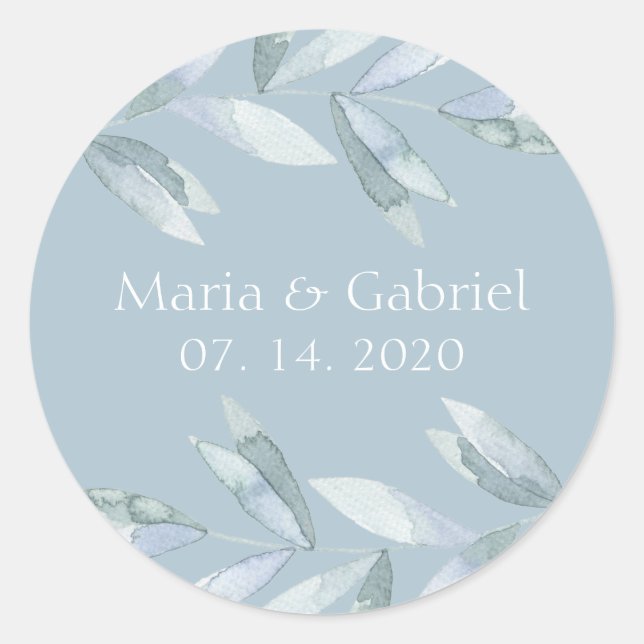 Dusty blue leaves Personalized wedding Classic Round Sticker (Front)