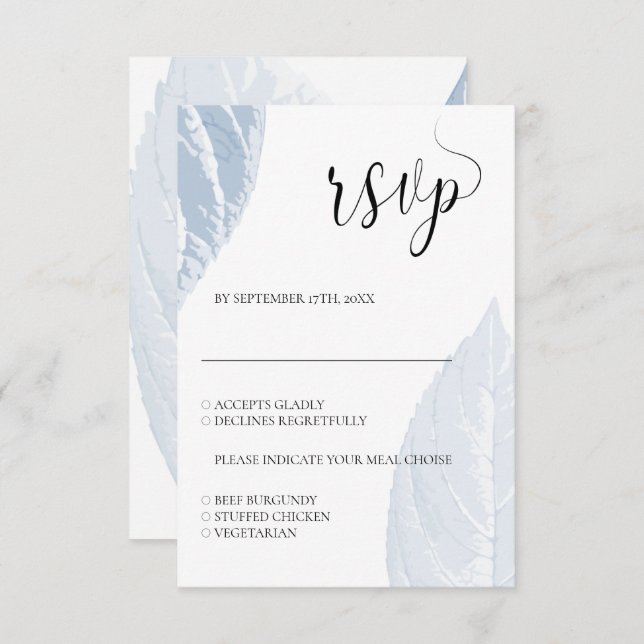 Dusty blue leaves Wedding RSVP card (Front/Back)