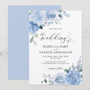 Dusty Blue Light Baby Blue Floral Flowers Wedding Invitation