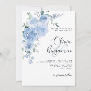 Dusty Blue Light Pastel Botanical Floral Wedding Invitation