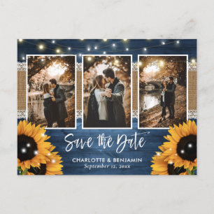 Dusty Blue Lights Sunflower 3 Photo Save The Date Announcement Postcard