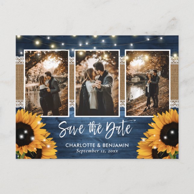 Dusty Blue Lights Sunflower 3 Photo Save The Date Announcement Postcard (Front)