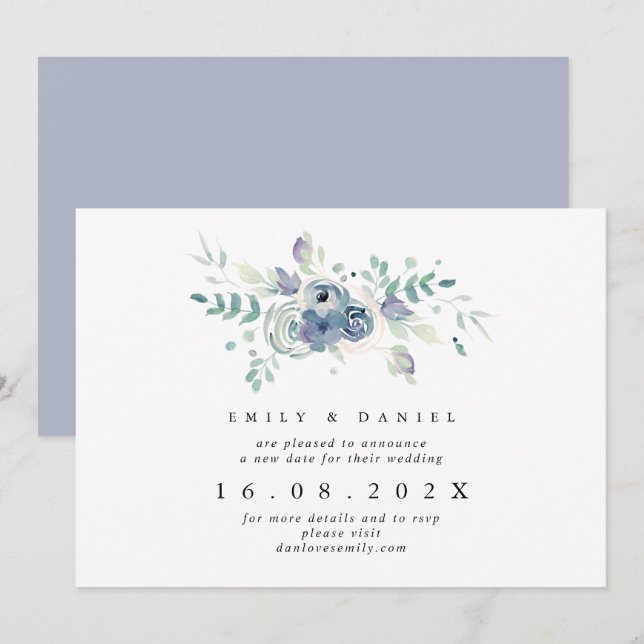 Dusty Blue & Lilac Floral New Wedding Date Invitation (Front/Back)