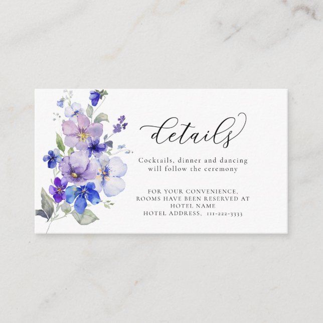 Dusty Blue Lilac Purple Flowers Wedding Details Enclosure Card (Front)