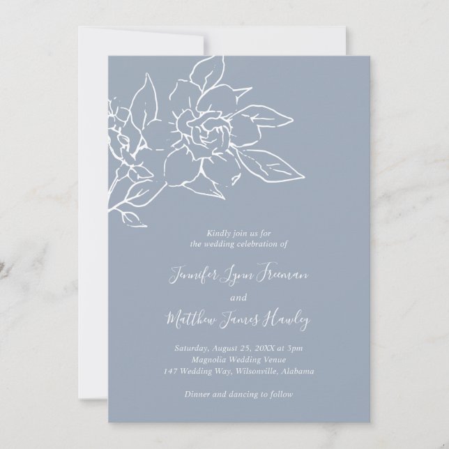 Dusty Blue Line Art Floral Elegant Wedding Invitation (Front)
