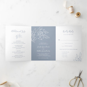 Dusty Blue Line Art Floral Elegant Wedding Tri-Fold Invitation