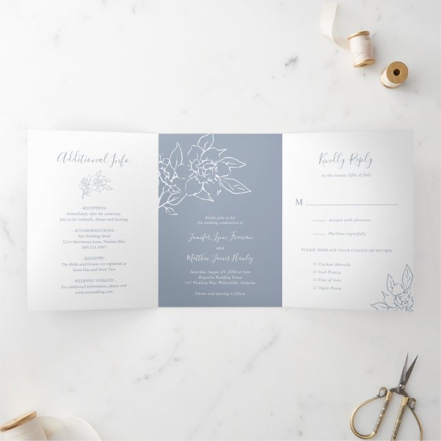 Dusty Blue Line Art Floral Elegant Wedding Tri-Fold Invitation (Inside)