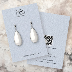 Dusty blue linen look logo QR earring display card
