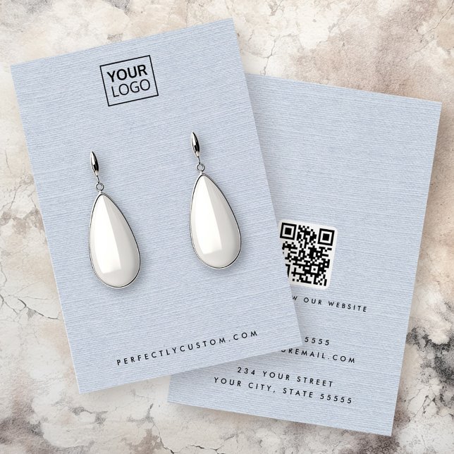 Dusty blue linen look logo QR earring display card (Dusty blue linen look logo QR earring display card)
