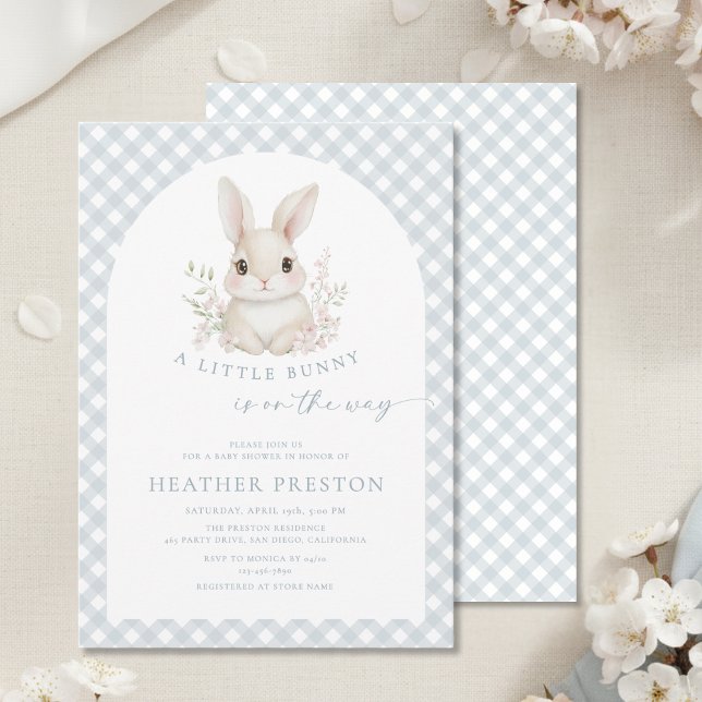 Dusty Blue Little Bunny Gingham Arch Baby Shower Invitation (Creator Uploaded)