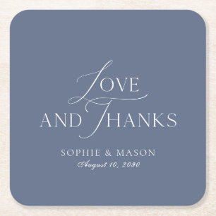 Dusty Blue Love and Thanks Wedding Favor Square Paper Coaster