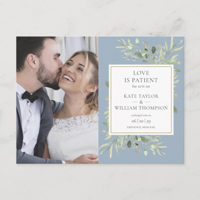Dusty Blue Love Is Patient Elopement Photo Wedding Announcement Postcard (Front)