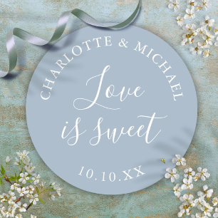 Dusty Blue Love Is Sweet Wedding Favour Classic Round Sticker