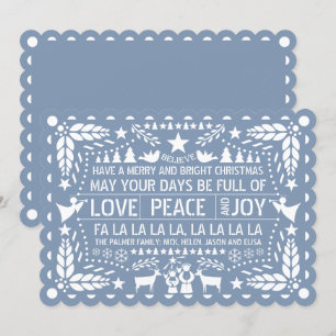 Dusty blue Love Peace Joy papel picado Christmas H Holiday Card