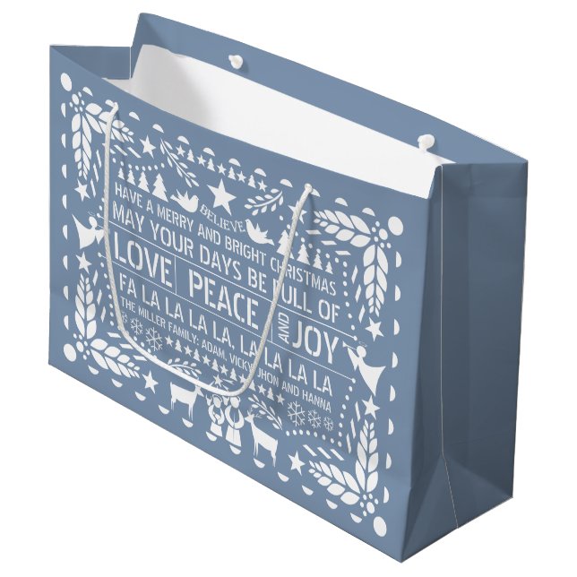 Dusty blue Love Peace Joy papel picado Christmas Large Gift Bag (Front Angled)