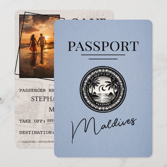 Dusty Blue Maldives Passport Save The Date (Front/Back)