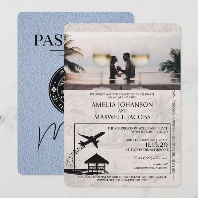Dusty Blue Maldives Passport Wedding Invitation (Front/Back)