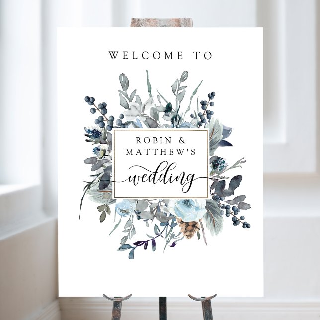 Dusty Blue, Marine White Floral Mariage Affiche de (Créateur téléchargé)