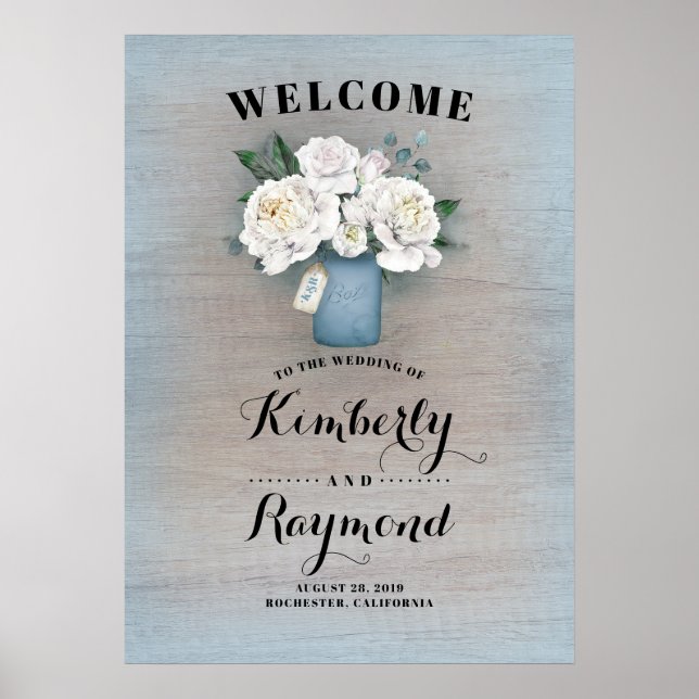 Dusty Blue Mason Jar Mariage Affiche de bienvenue (Devant)