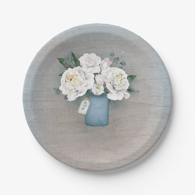 Dusty Blue Mason Jar Rustic Floral Wedding Paper Plate (Front)