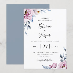 Dusty Blue Mauve Botanical Floral Wedding Invitation