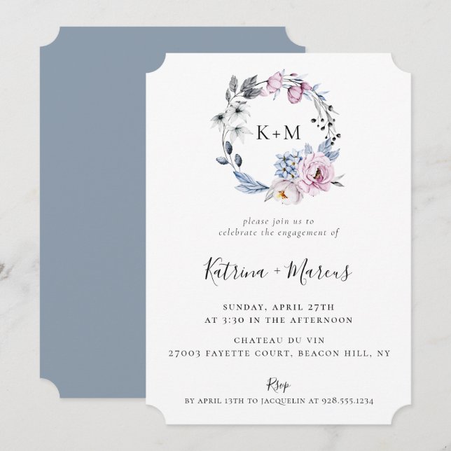 Dusty Blue Mauve Botanical Wreath Engagement Invitation (Front/Back)
