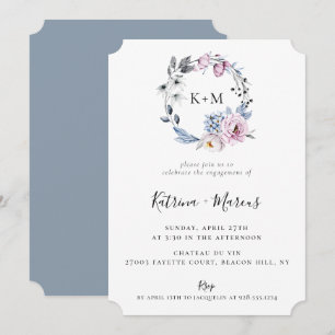 Dusty Blue Mauve Botanical Wreath Engagement Invitation