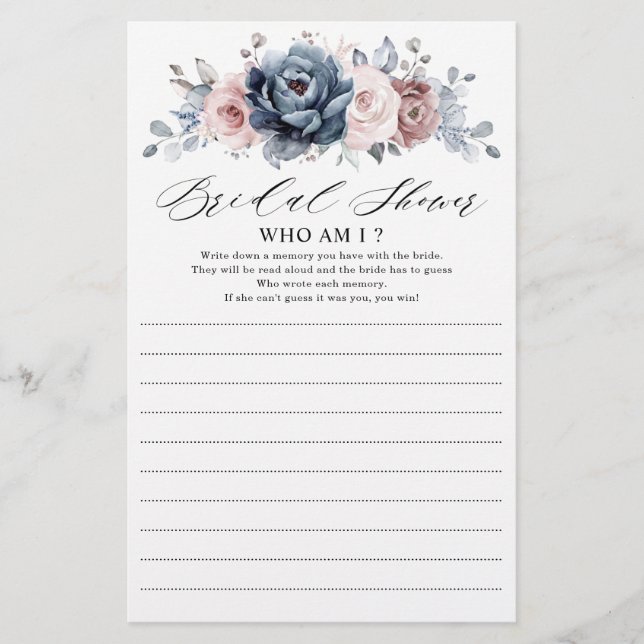 Dusty Blue Mauve Bridal Shower Who Am I Game      (Front)