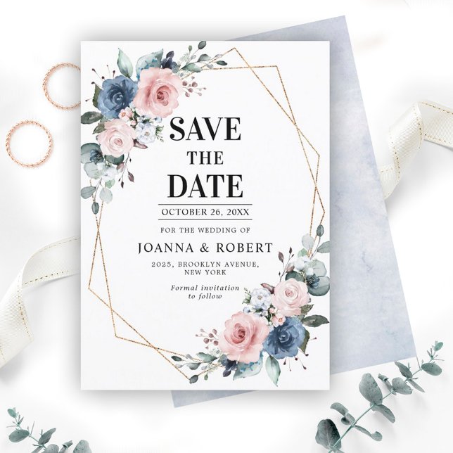 Dusty Blue Mauve Eucalyptus Geometric Wedding Save The Date (Creator Uploaded)
