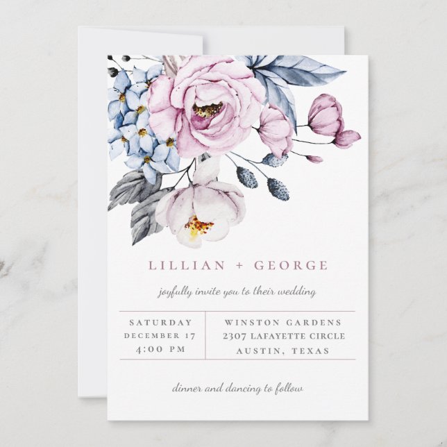 Dusty Blue Mauve Floral Bouquet Wedding Invitation (Front)