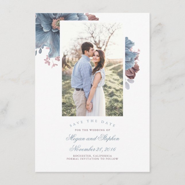 Dusty Blue & Mauve Floral Photo Save the Date Card (Front)