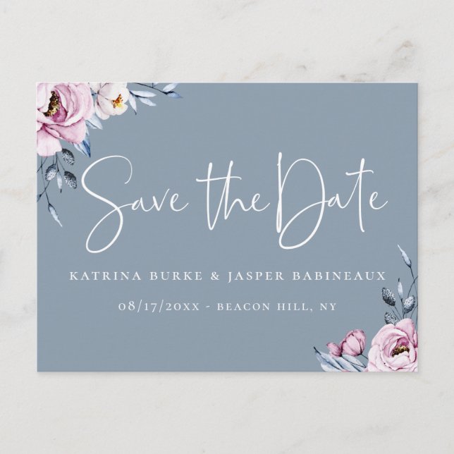 Dusty Blue Mauve Floral Save the Date Announcement Postcard (Front)