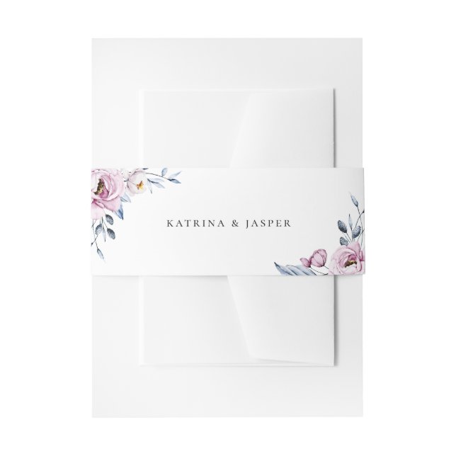 Dusty Blue Mauve Floral Wedding Invitation Belly Band (Front Example)