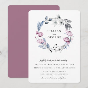 Dusty Blue Mauve Floral Wreath Wedding Invitation