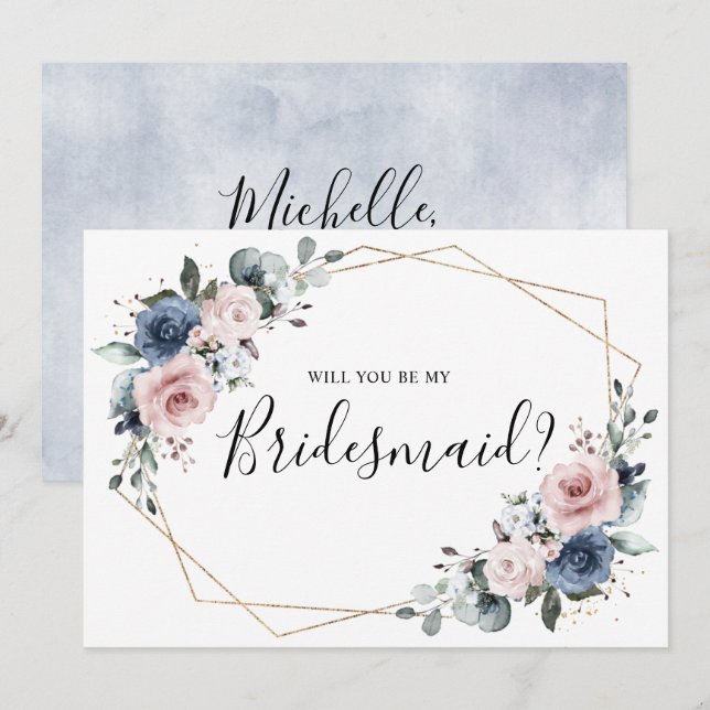 Dusty Blue Mauve Geometric Bridesmaid Proposal Invitation (Front/Back)