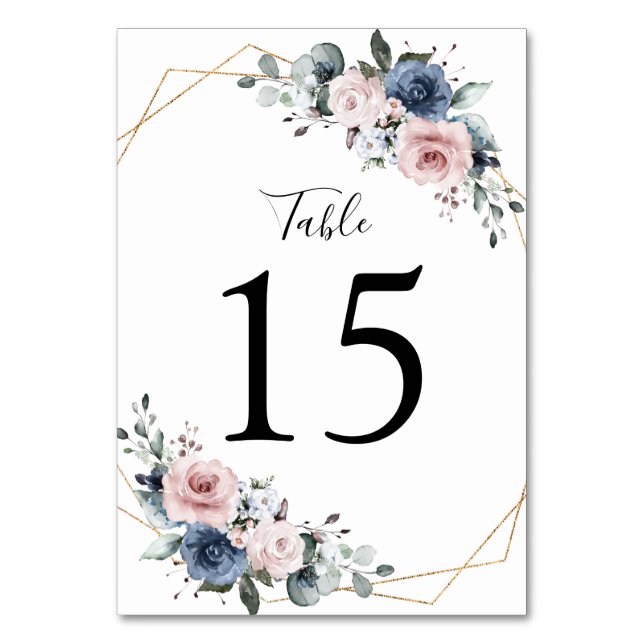 Dusty Blue Mauve Greenery Floral Geometric Table Number (Front)