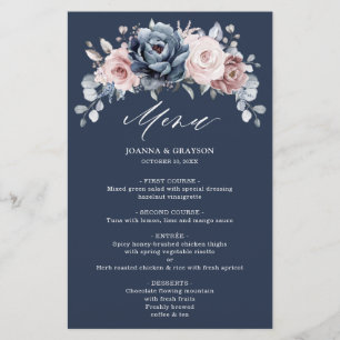 Dusty Blue Mauve Rose ardoise Floral Mariage Menu