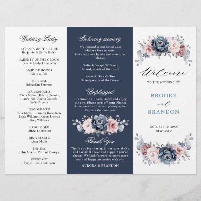 Dusty Blue Mauve Rose Mariage Tri-Fold Programme (Devant)