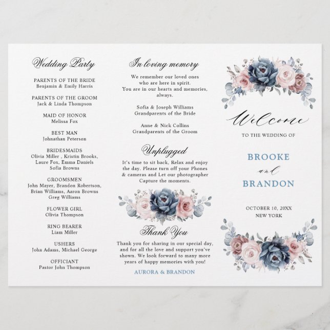 Dusty Blue Mauve Rose Mariage Tri-Fold Programme (Devant)