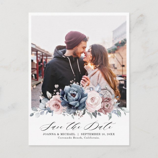 Dusty Blue Mauve Rose Photo Floral Save the Date Postcard (Front)