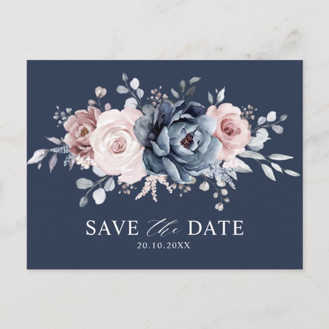 Dusty Blue Mauve Rose Pink Floral Save the Date Po Postcard (Front)