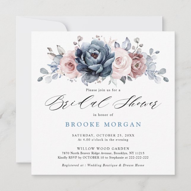 Dusty Blue Mauve Rose Pink Slate  Bridal Shower    Invitation (Front)