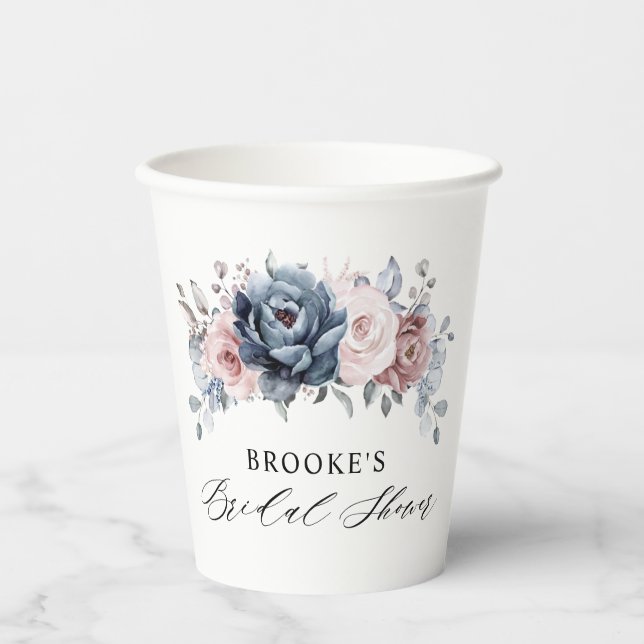 Dusty Blue Mauve Rose Pink Slate Bridal Shower Paper Cups (Front)
