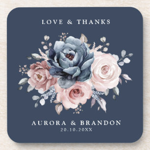 Dusty Blue Mauve Rose Pink Slate Floral Wedding  Coaster