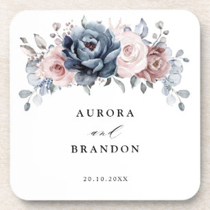 Dusty Blue Mauve Rose Pink Slate Floral Wedding  Coaster