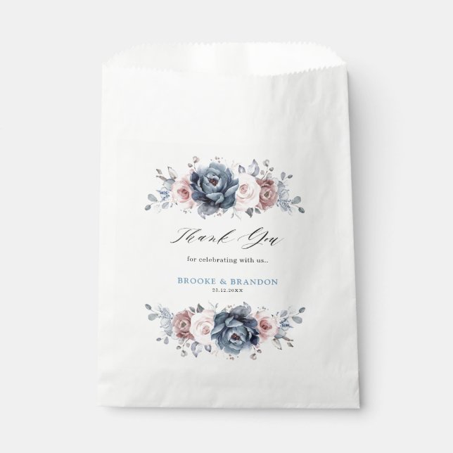 Dusty Blue Mauve Rose Pink Slate Floral Wedding  Favour Bag (Front)