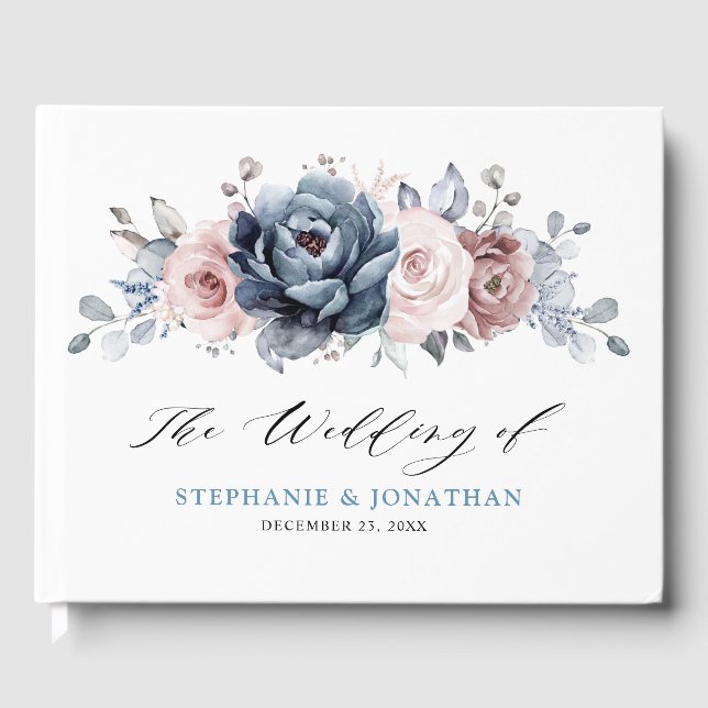 Dusty Blue Mauve Rose Pink Slate Floral Wedding  Guest Book (Front)