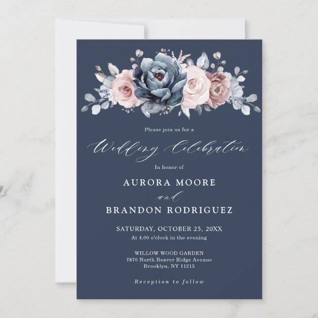Dusty Blue Mauve Rose Pink Slate Floral Wedding  I Invitation (Front)