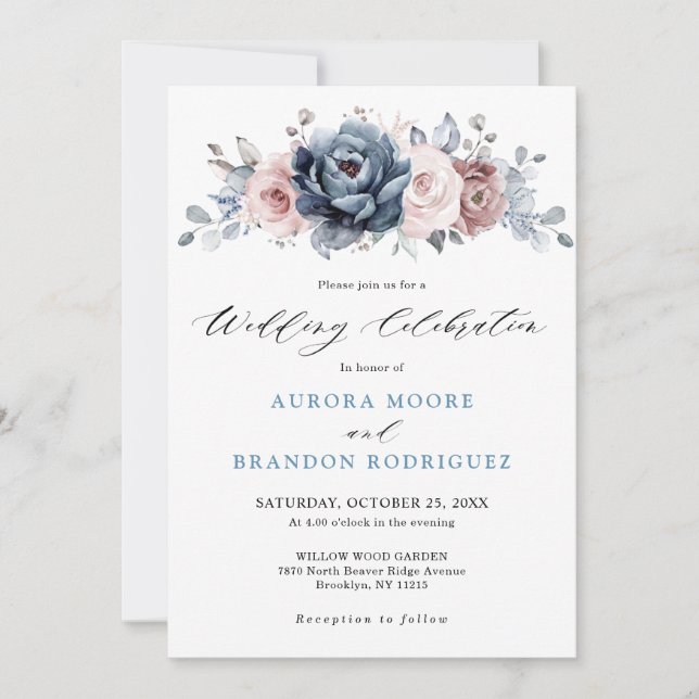 Dusty Blue Mauve Rose Pink Slate Floral Wedding  Invitation (Front)